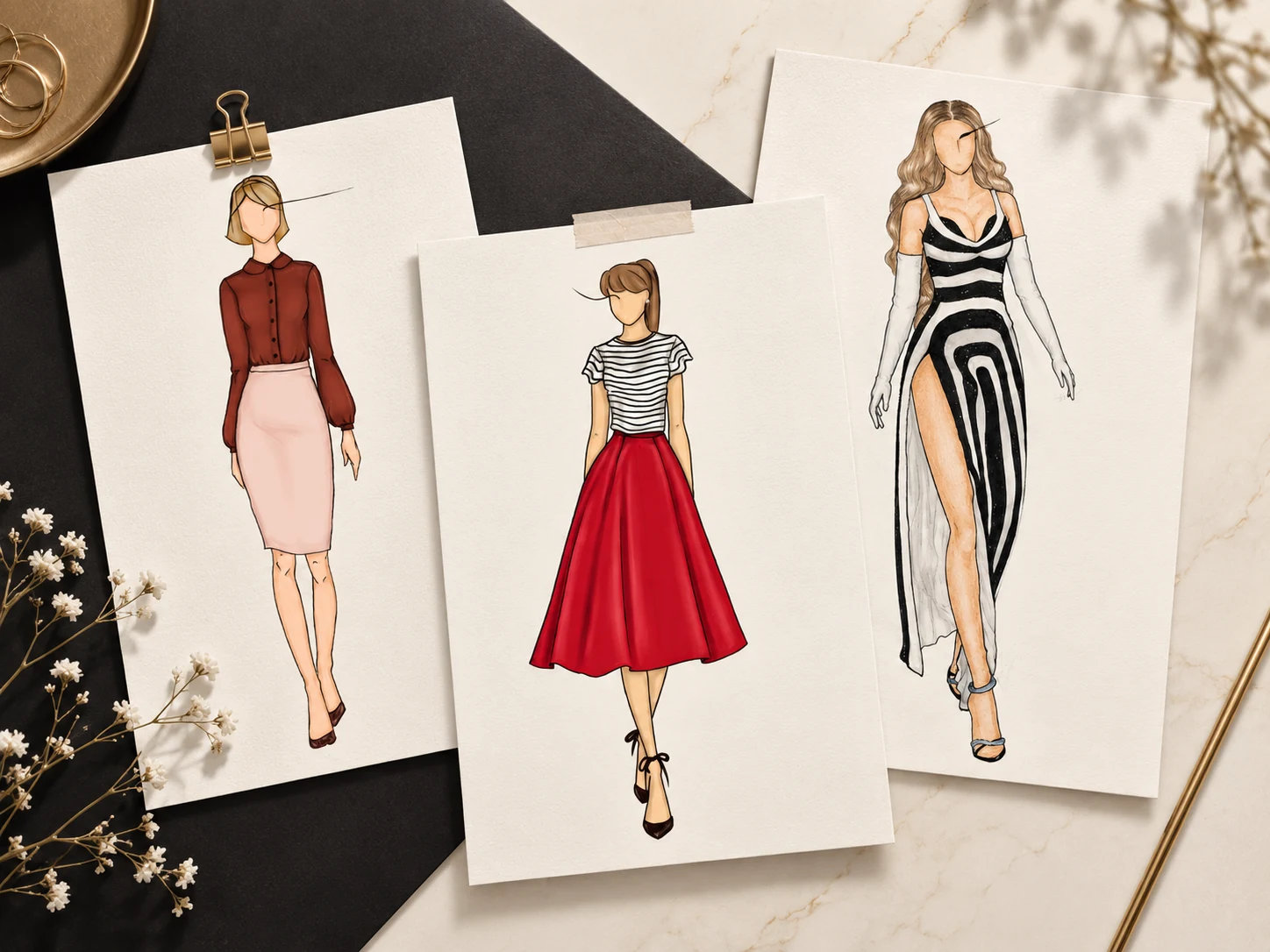 Composição com ilustrações de moda autorais de Tereza Katieli