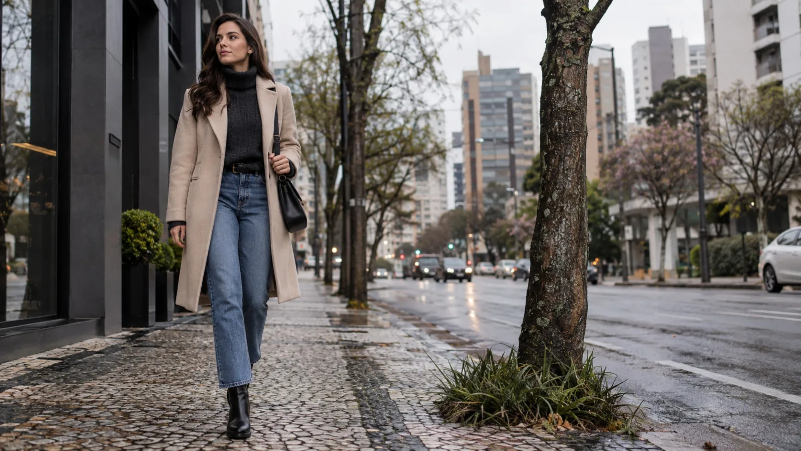 Mulher usando casaco, tricô, jeans e bota caminhando por uma rua urbana em Curitiba em um dia frio e úmido.