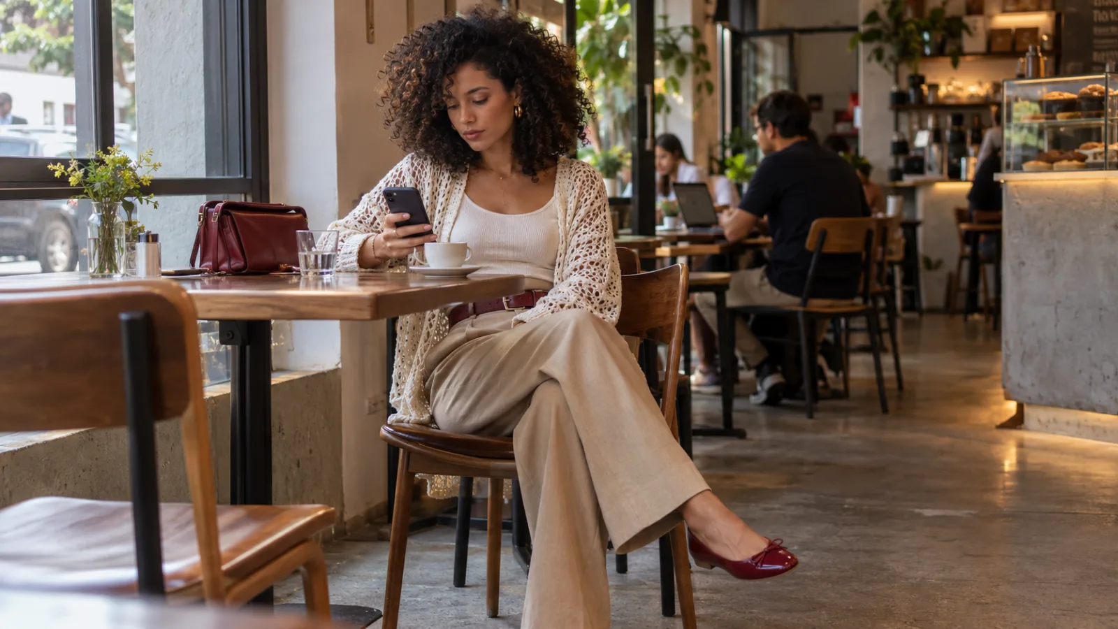 Mulher em café usando calça ampla, crochê e detalhes em vermelho inspirados nas tendências da SPFW 2026