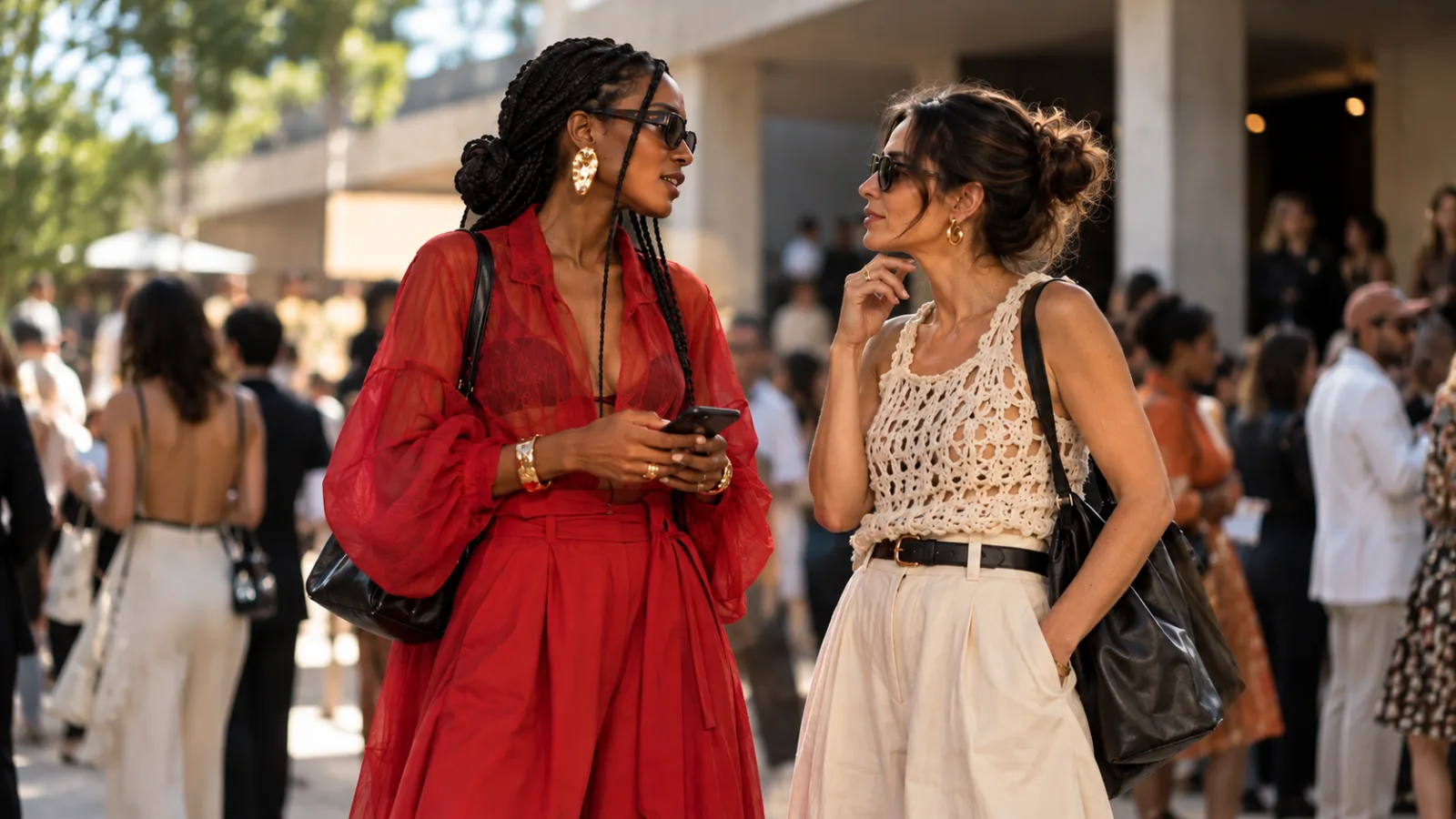 Duas mulheres em evento de moda usando vermelho, transparência e crochê inspirados nas tendências da SPFW 2026