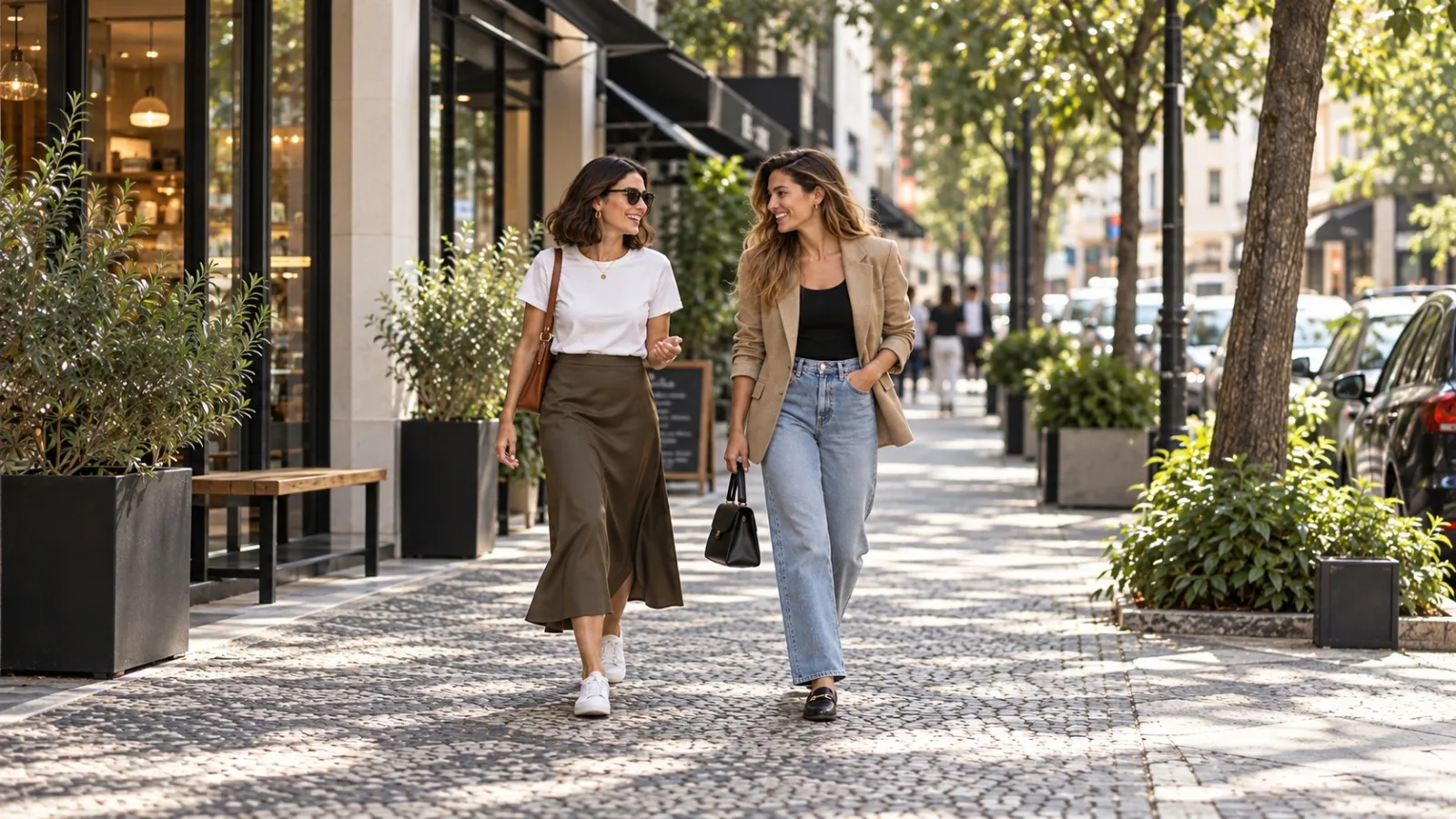 Duas mulheres com looks casuais e elegantes caminhando pela rua, inspiradas nas tendências da Milan Fashion Week 2027