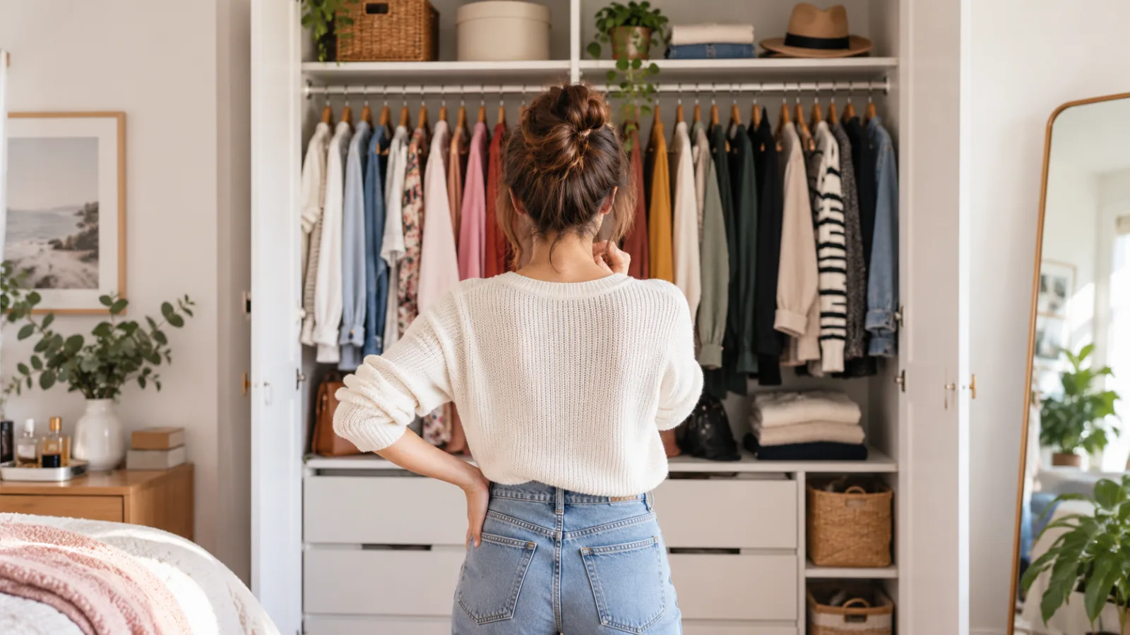 Mulher de costas observando roupas organizadas em um guarda-roupa aberto.