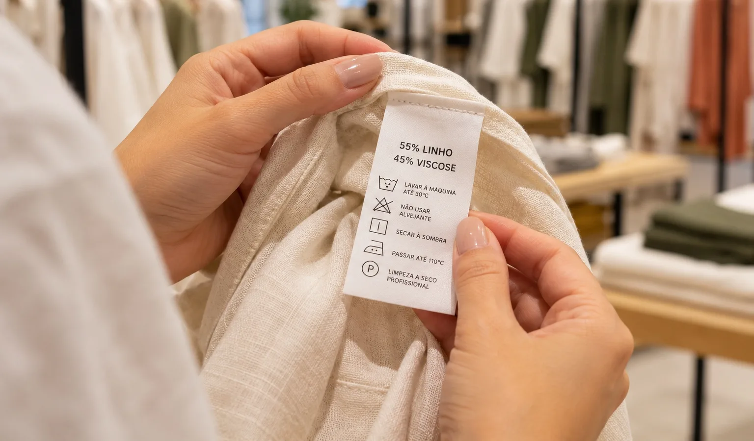 Pessoa verificando a etiqueta de composição de uma roupa clara dentro de uma loja de roupas.