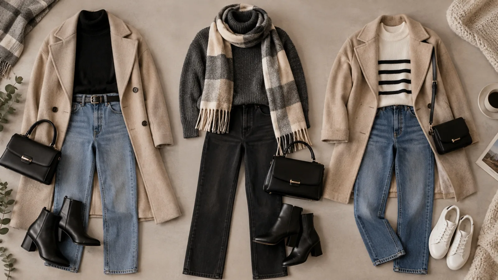 Três looks de inverno montados com peças neutras e versáteis, incluindo casacos, tricôs, jeans e botas.